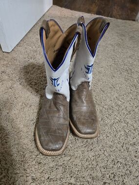 Tin Haul Kids Brown and White Western Boots with Blue Accents